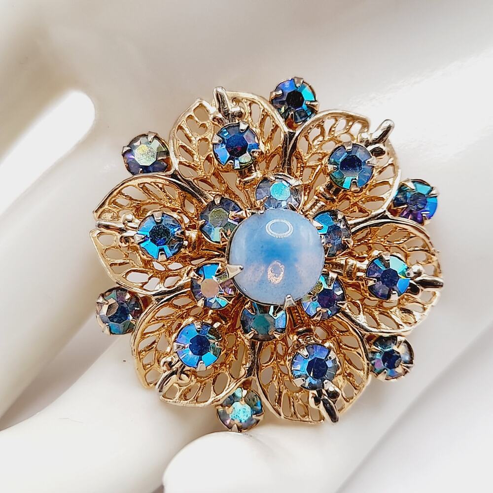 Vintage Aurora Borealis Rhinestone Brooch, Faux Moonstone Center, 1 3/8"